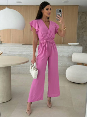 combinaisons larges jambes évasé unicolore v-cou ceinture volants superposés femme décontracté | KONF