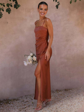 robe demoiselle d'honneur satin moulante fendu à fines brides femme élégant de soirée pour mariage champetre | KONF