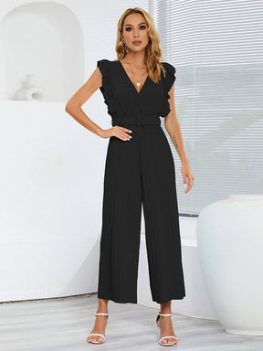 combinaisons larges jambes évasé v-cou à volantée plissé ceinture sans manches femme élégant bohème décontracté | KONF