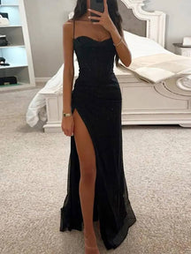 robe longue moulante fendu le côté bustier à fines brides sans manches femme élégant de soirée | KONF