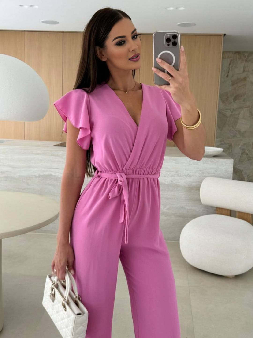 combinaisons larges jambes évasé unicolore v-cou ceinture volants superposés femme décontracté | KONF