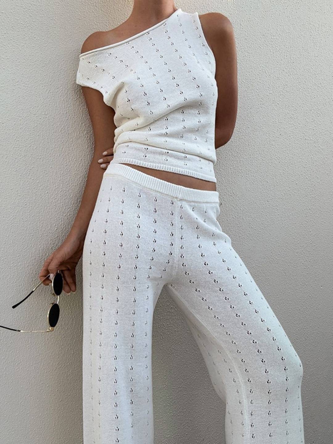 ensembles en maille ajourée avec pantalon une épaule sans manches top et pantalon large femme bohème casual de plage | KONF