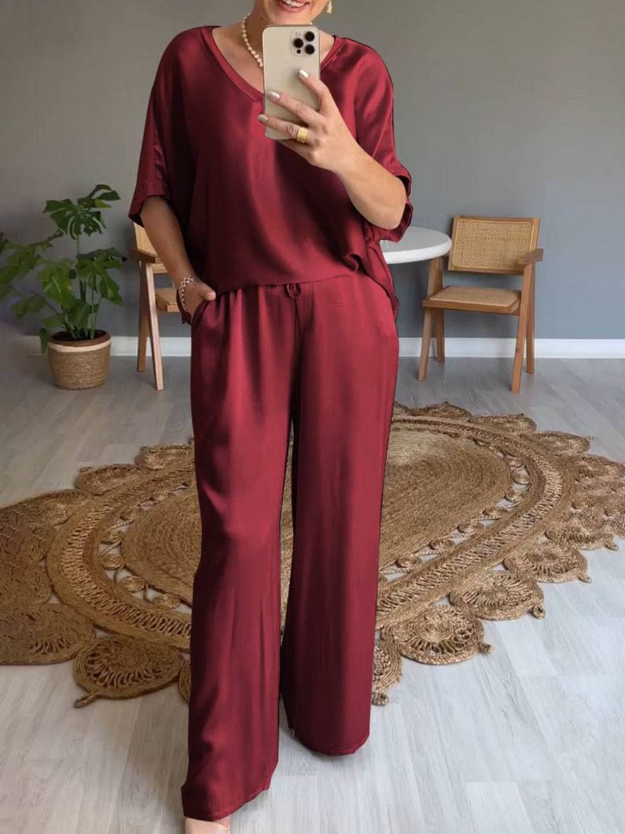 ensembles avec pantalon v-cou poches manches chauve souris manches courtes femme élégant décontracté ample deux pièces | KONF