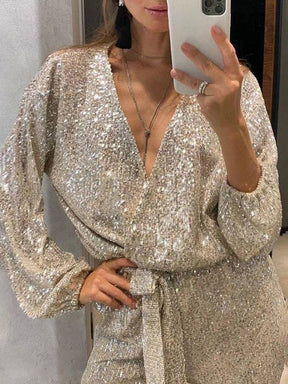 combinaisons v-cou brillante paillette ceinture décolleté plongeant manches longues femme élégant mode casual noël | KONF