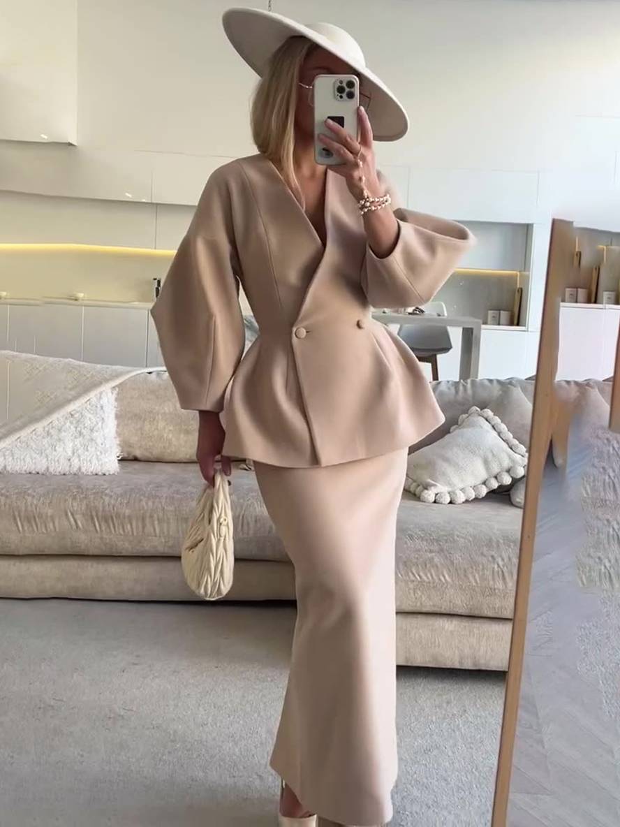 ensembles tailleur avec jupe v-cou boutons manches bouffantes manches longues veste femme élégant vintage deux pièces | KONF