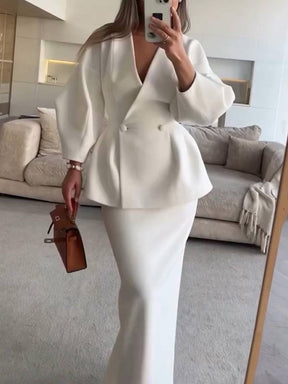 ensembles tailleur avec jupe v-cou boutons manches bouffantes manches longues veste femme élégant vintage deux pièces | KONF