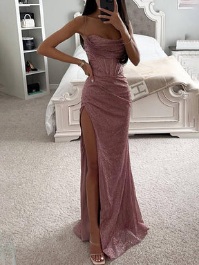 robe longue moulante fendu le côté bustier à fines brides sans manches femme élégant de soirée | KONF