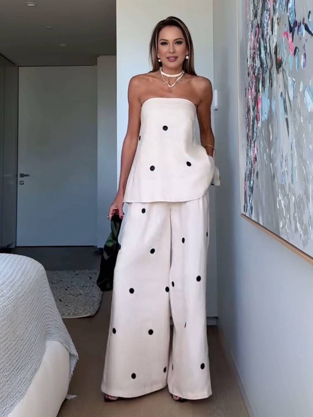 2 pièces ensembles avec pantalon larges jambes évasé top à pois fendu fermeture éclair bustier pour femme les vacances | KONF