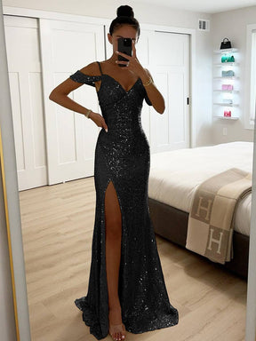 longue robe v-cou brillante paillette fendu le côté épaules fendues sans manches femme élégant de soirée cérémonie | KONF