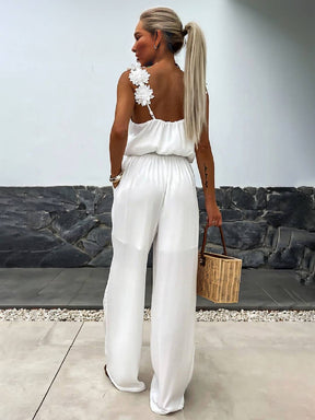 combinaisons pantalon larges jambes évasé v-cou poches dos nu bretelle sans manches décontracté style vacances pour femme | KONF