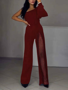 combinaisons flare évasé une épaule fendu le côté manches longues femme casual élégant décontracté cérémonie | KONF