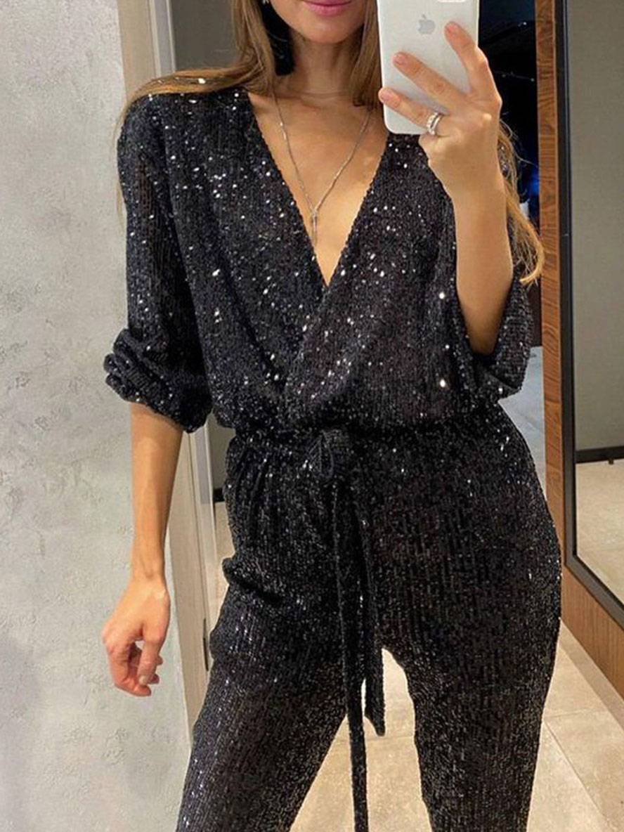 combinaisons v-cou brillante paillette ceinture décolleté plongeant manches longues femme élégant mode casual noël | KONF