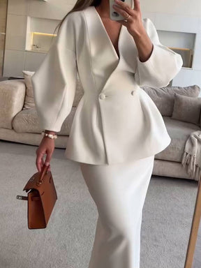 ensembles tailleur avec jupe v-cou boutons manches bouffantes manches longues veste femme élégant vintage deux pièces | KONF