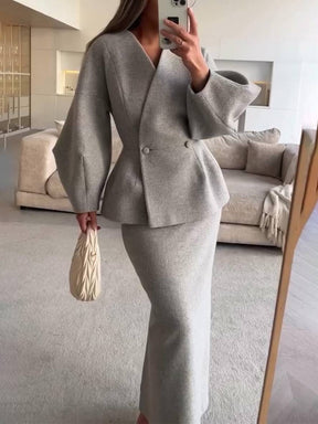 ensembles tailleur avec jupe v-cou boutons manches bouffantes manches longues veste femme élégant vintage deux pièces | KONF