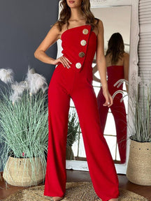 combinaisons flare évasé unicolore bustier boutonnage sans manches femme élégant décontracté | KONF