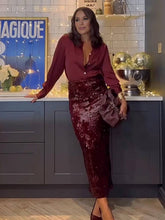 ensemble avec brillante paillette fendu jupe boutonnage col chemise manches longues blouse femme style tailleur deux pièces | KONF