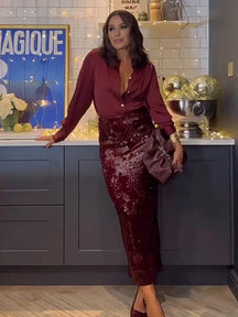 ensemble avec brillante paillette fendu jupe boutonnage col chemise manches longues blouse femme style tailleur deux pièces | KONF