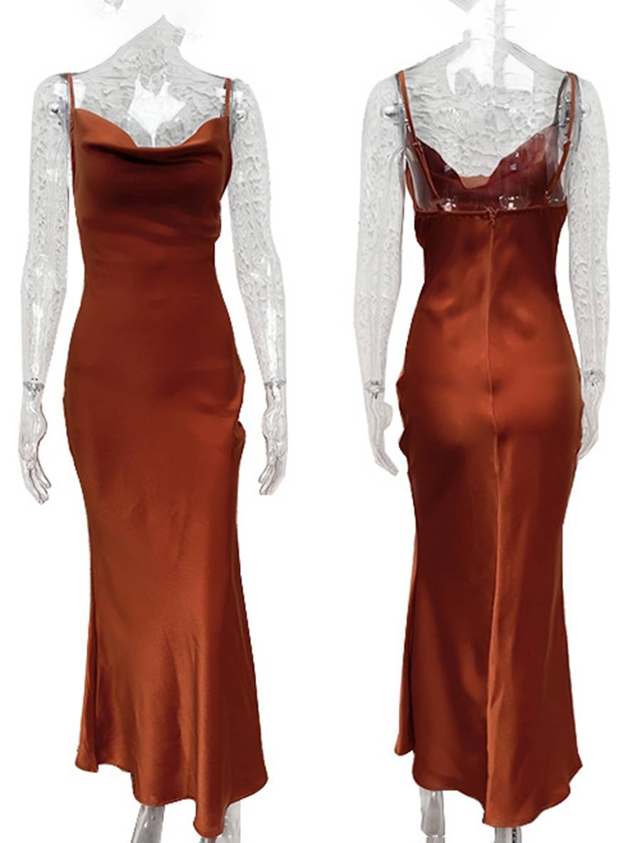 robe demoiselle d'honneur satin moulante dos nu à fines brides élégant femme de soirée invité mariage | KONF