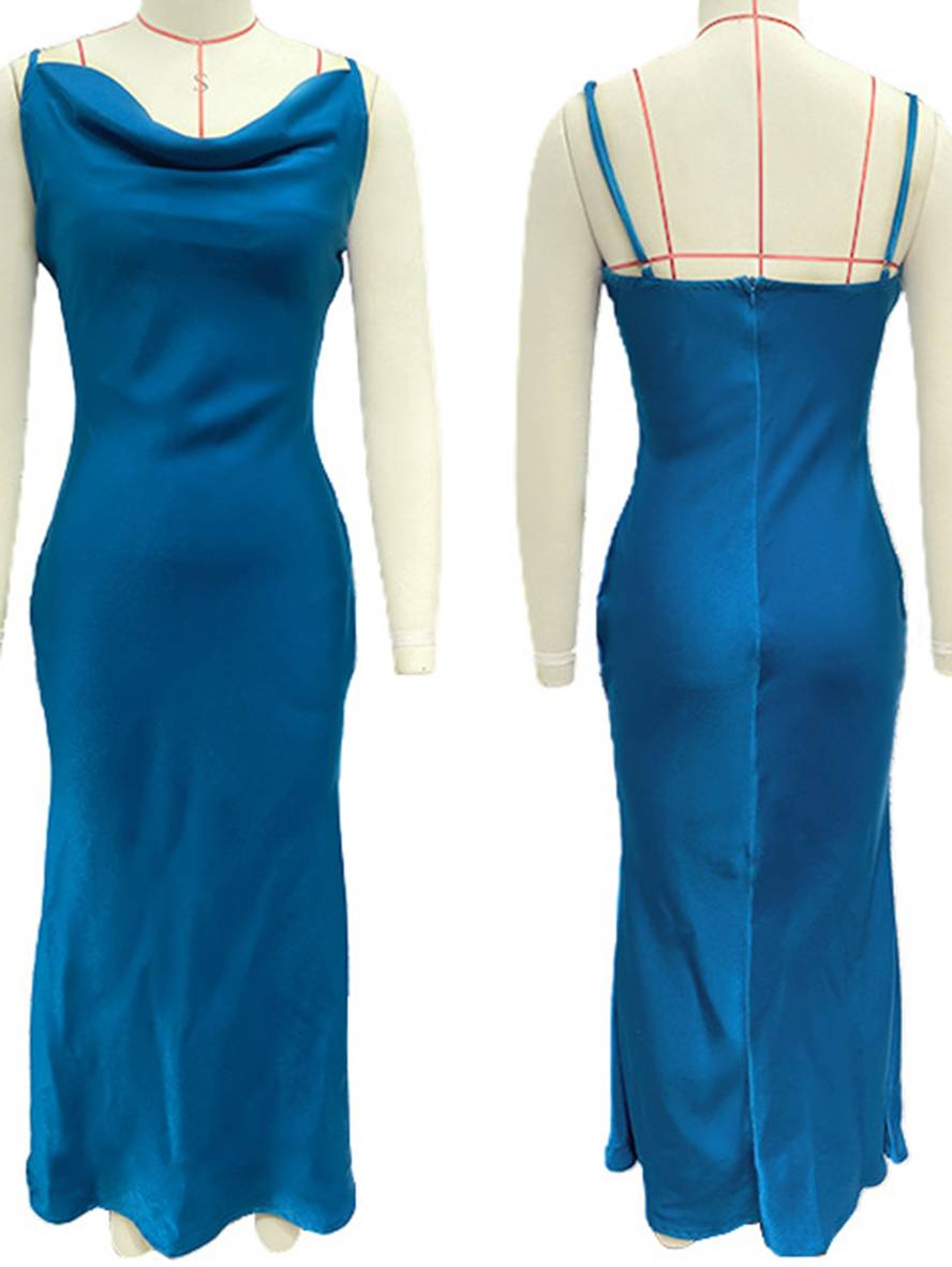 robe demoiselle d'honneur satin moulante dos nu à fines brides élégant femme de soirée invité mariage | KONF
