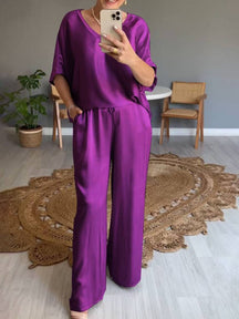 ensembles avec pantalon v-cou poches manches chauve souris manches courtes femme élégant décontracté ample deux pièces | KONF