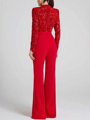 combinaisons flare évasé broderie anglaise col rond manches longues ceinture femme élégant décontracté slim fitness | KONF