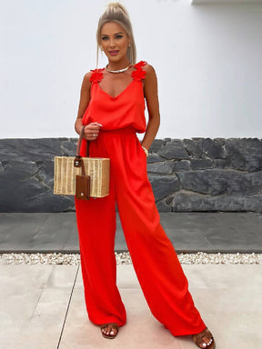 combinaisons pantalon larges jambes évasé v-cou poches dos nu bretelle sans manches décontracté style vacances pour femme | KONF