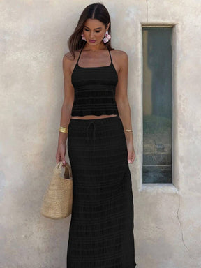 tenue ensemble avec longue jupe mousseline dos nu licou sans manches débardeur robe femme bohème décontracté deux pièces | KONF