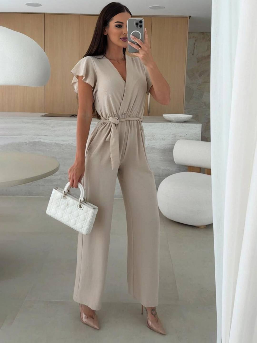 combinaisons larges jambes évasé unicolore v-cou ceinture volants superposés femme décontracté | KONF