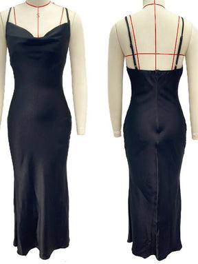 robe demoiselle d'honneur satin moulante dos nu à fines brides élégant femme de soirée invité mariage | KONF