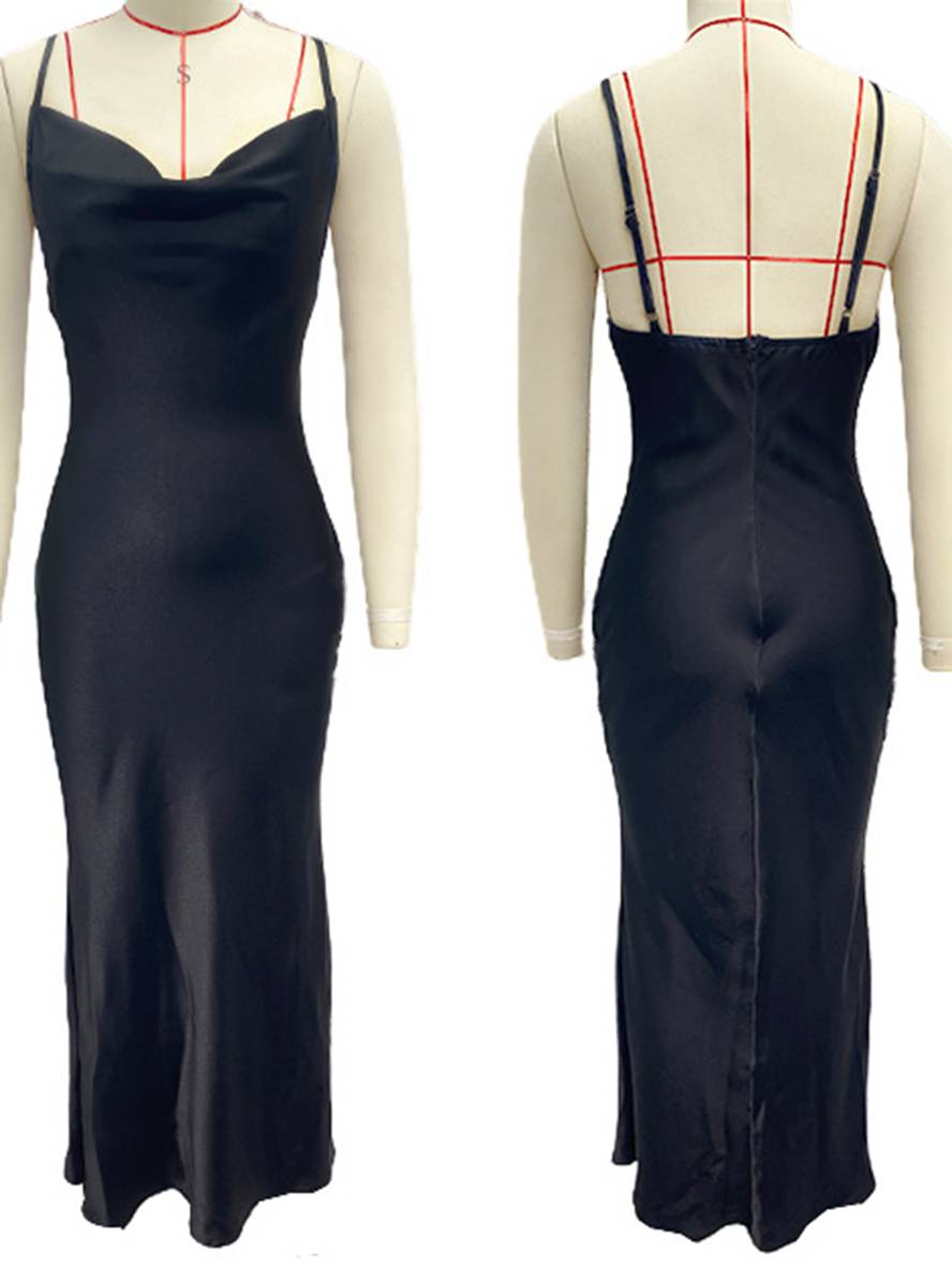 robe demoiselle d'honneur satin moulante dos nu à fines brides élégant femme de soirée invité mariage | KONF