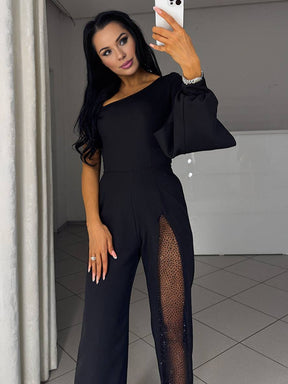 combinaisons flare évasé une épaule fendu le côté manches longues femme casual élégant décontracté cérémonie | KONF