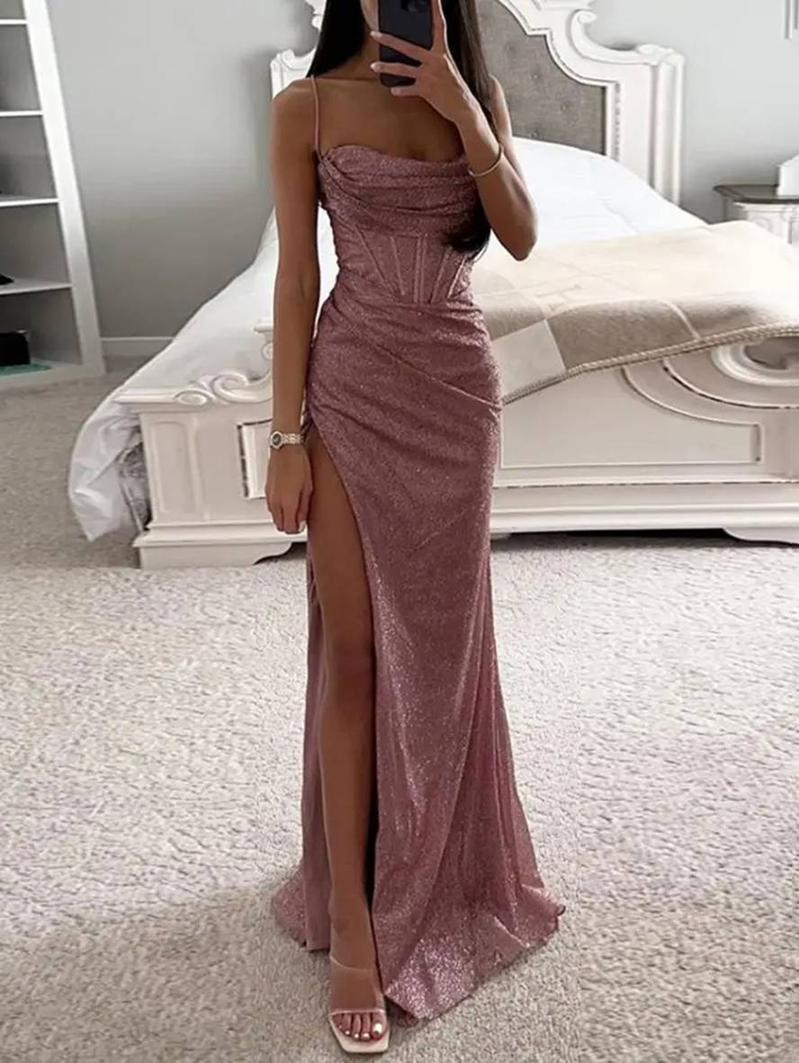 robe longue moulante fendu le côté bustier à fines brides sans manches femme élégant de soirée | KONF