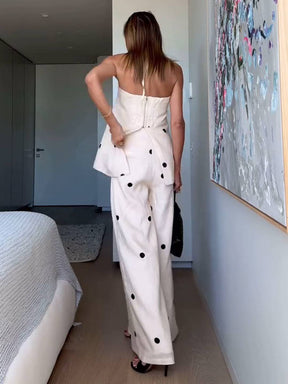 2 pièces ensembles avec pantalon larges jambes évasé top à pois fendu fermeture éclair bustier pour femme les vacances | KONF