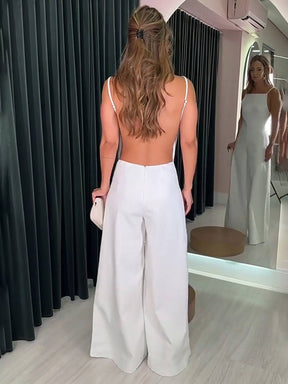 combinaisons larges jambes évasé lin dos nu à fines brides sans manches élégant décontracté style vacances pour femmes | KONF