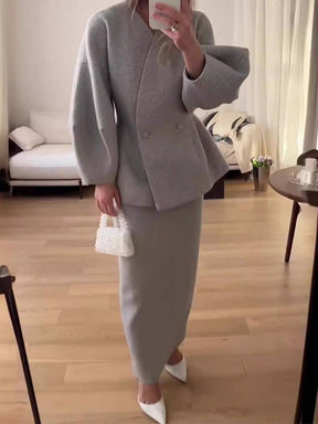 ensembles tailleur avec jupe v-cou boutons manches bouffantes manches longues veste femme élégant vintage deux pièces | KONF