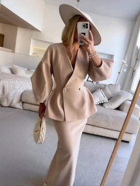 ensembles tailleur avec jupe v-cou boutons manches bouffantes manches longues veste femme élégant vintage deux pièces | KONF