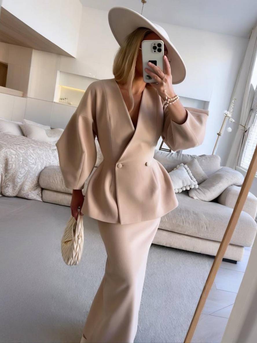 ensembles tailleur avec jupe v-cou boutons manches bouffantes manches longues veste femme élégant vintage deux pièces | KONF