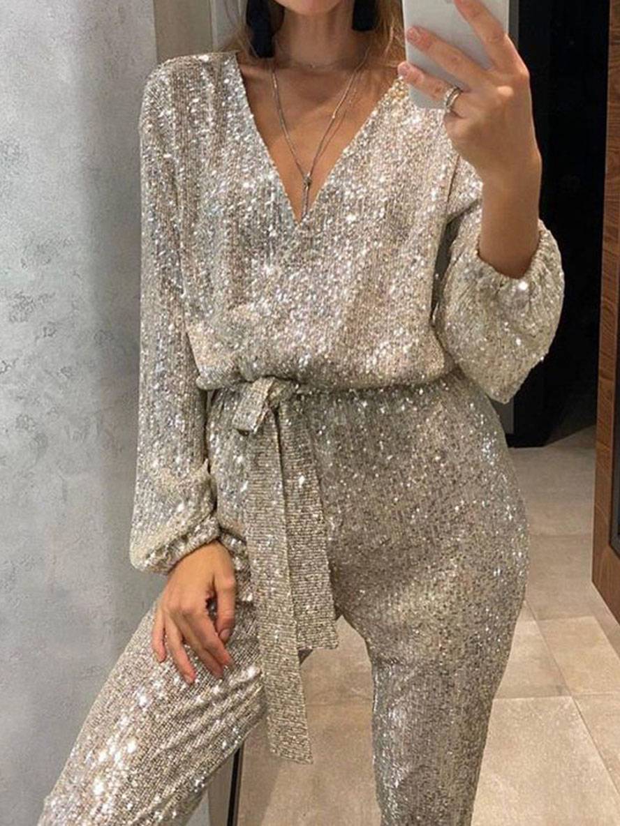 combinaisons v-cou brillante paillette ceinture décolleté plongeant manches longues femme élégant mode casual noël | KONF