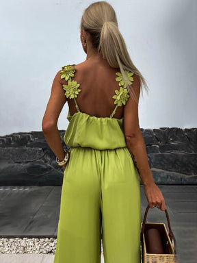 combinaisons pantalon larges jambes évasé v-cou poches dos nu bretelle sans manches décontracté style vacances pour femme | KONF