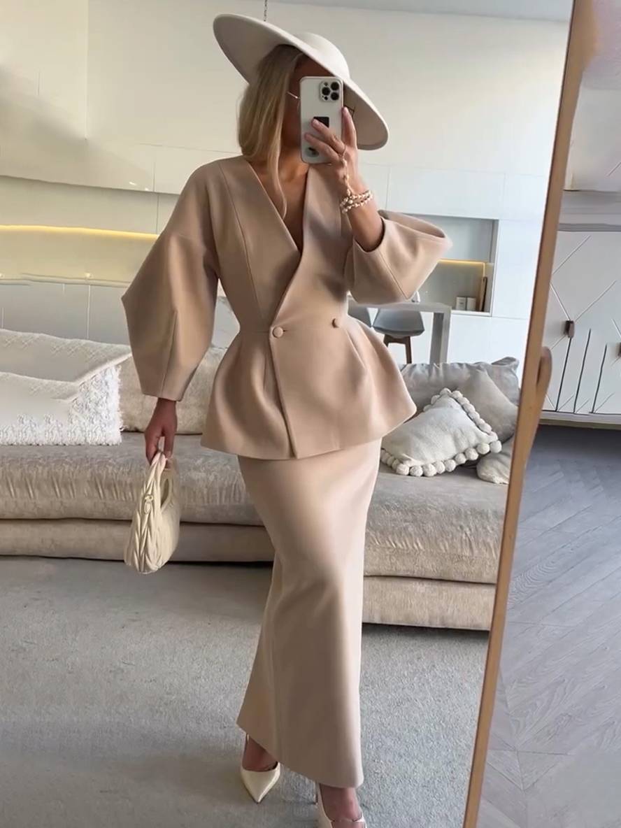 ensembles tailleur avec jupe v-cou boutons manches bouffantes manches longues veste femme élégant vintage deux pièces | KONF