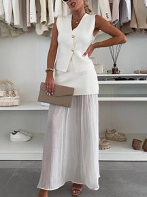 tenu ensembles tailleur v-cou sans manches gilet et jupe tulle fluide décontracté chic pour vacances deux pièces | KONF