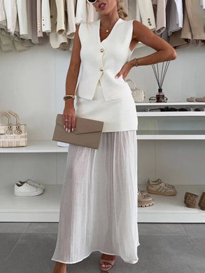 tenu ensembles tailleur v-cou sans manches gilet et jupe tulle fluide décontracté chic pour vacances deux pièces | KONF