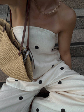 2 pièces ensembles avec pantalon larges jambes évasé top à pois fendu fermeture éclair bustier pour femme les vacances | KONF