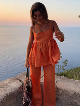 ensemble de femme pour les vacances top sans manches à volantée décontracté et pantalon large pour femme de plage | KONF