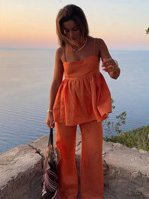 ensemble de femme pour les vacances top sans manches à volantée décontracté et pantalon large pour femme de plage | KONF
