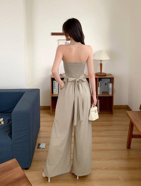 combinaisons larges jambes évasé unicolore dos nu v-cou sans manches femme casual élégant décontracté | KONF