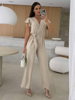 combinaisons larges jambes évasé unicolore v-cou ceinture volants superposés femme décontracté | KONF