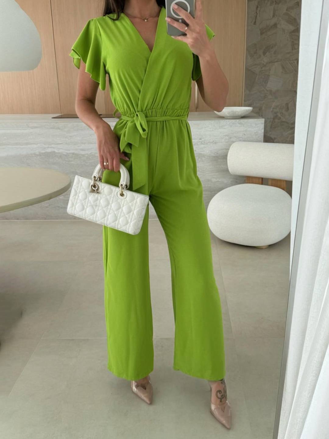 combinaisons larges jambes évasé unicolore v-cou ceinture volants superposés femme décontracté | KONF