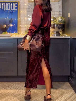 ensemble avec brillante paillette fendu jupe boutonnage col chemise manches longues blouse femme style tailleur deux pièces | KONF