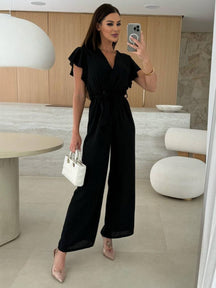 combinaisons larges jambes évasé unicolore v-cou ceinture volants superposés femme décontracté | KONF
